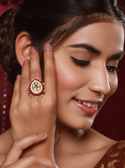 Aatmana Green & White Kundan Studded & Beaded Adjustable Finger Ring