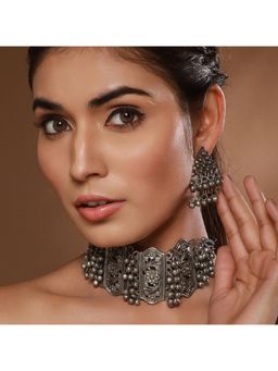 Aatmana - Silver-Plated & Beaded Oxidized Floral Choker Jewellery Set