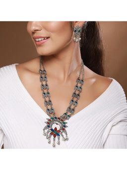 Aatmana - Silver-Plated Stone Studded & Beaded Blue & Orange Meenakari Jewellery Set