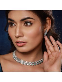 Aatmana - Silver-Plated Mint Green & Pink Stone & CZ Studded Jewellery Set