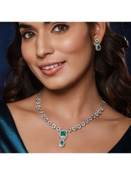 Aatmana - Rhodium-Plated Green Stone & CZ Studded Jewellery Set