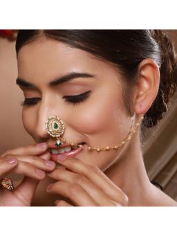Aatmana - Gold-Plated White Kundan Studded & Pearl Beaded Non Piercing Nosepin with Chain