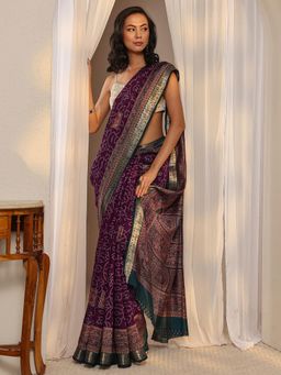 Libas - Purple Bandhani Printed Saree with Unstitched Blouse