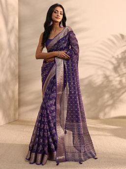 Libas - Purple Ethnic Motif Printed Zari Border Saree with Unstitched Blouse