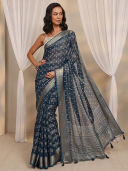 Libas - Teal Ethnic Motif Printed Zari Border Saree with Unstitched Blouse