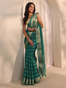 Libas - Green Ethnic Motif Printed Zari Border Saree with Unstitched Blouse
