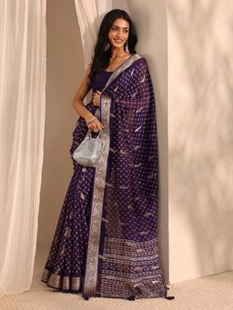 Libas - Purple Floral Printed Zari Paisley Border Saree with Unstitched Blouse