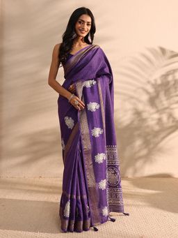 Libas - Purple Zari Woven Design Border Saree with Unstitched Blouse