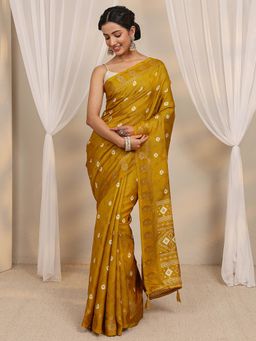 Libas - Mustard Bandhani Printed Zari Border Saree with Unstitched Blouse