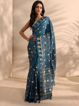 Libas - Navy Blue Bandhani Printed Zari Border Saree with Unstitched Blouse
