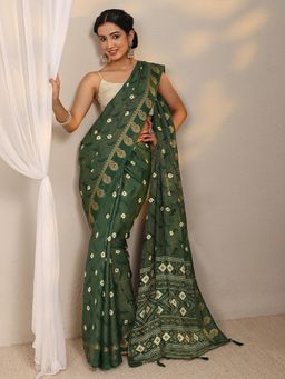 Libas - Green Bandhani Printed Zari Border Saree with Unstitched Blouse