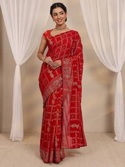 Libas - Red Ethnic Motif Printed Beads Embellished Border Saree with Unstitched Blouse