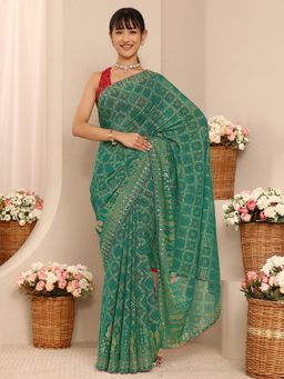 Libas - Green Bandhani Printed Mirror Work Embellished Border Saree with Unstitched Blouse