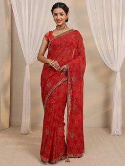 Libas - Red Bandhani Printed Beads Embellished Border Saree with Unstitched Blouse