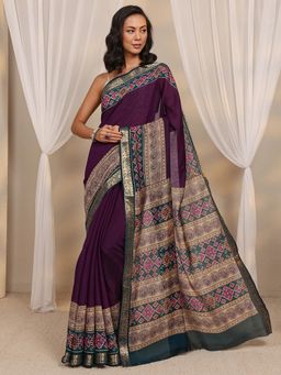 Libas - Purple Printed Zari Woven Design Border Saree with Unstitched Blouse