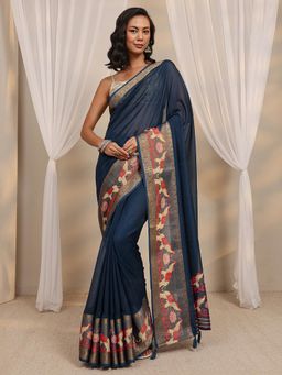 Libas - Navy Blue Printed Zari Woven Design Border Saree with Unstitched Blouse