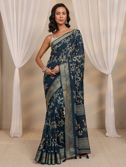 Libas - Navy Blue Floral Printed Border Saree with Unstitched Blouse