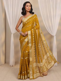 Libas - Mustard Floral Woven Design Zari Border Saree with Unstitched Blouse