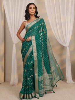 Libas - Green Floral Woven Design Zari Border Saree with Unstitched Blouse