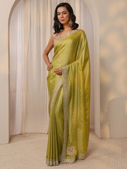 Libas - Mustard Beads Embellished Border Saree with Unstitched Blouse