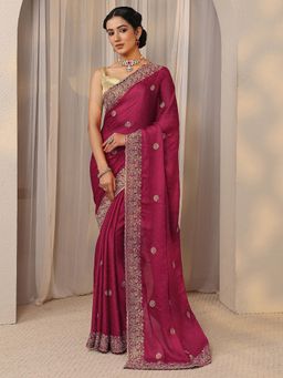 Libas - Pink Beads Embellished Border Saree with Unstitched Blouse