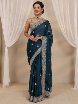 Libas - Teal Beads Embellished Border Saree with Unstitched Blouse