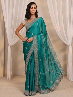 Libas - Green Beads Embellished Border Saree with Unstitched Blouse
