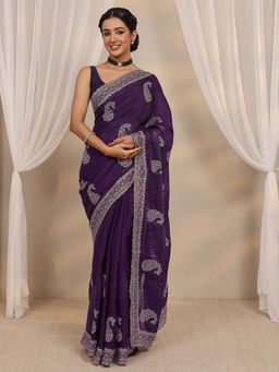 Libas - Purple Paisley Beads Embellished Border Saree with Unstitched Blouse