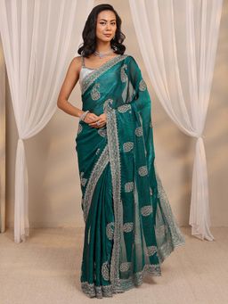 Libas - Green Paisley Beads Embellished Border Saree with Unstitched Blouse