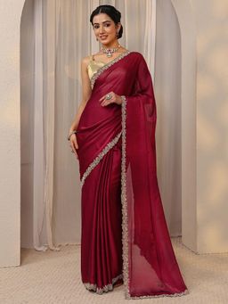Libas - Maroon Embroidered Border Saree with Unstitched Blouse