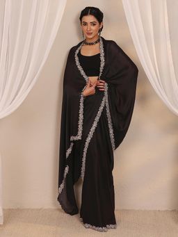 Libas - Black Embroidered Border Saree with Unstitched Blouse