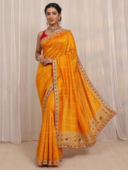 Libas - Yellow Bandhani Printed Embroidered Border Saree with Unstitched Blouse