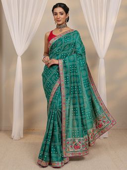 Libas - Green Bandhani Printed Embroidered Border Saree with Unstitched Blouse