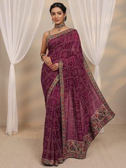 Libas - Purple Bandhani Printed Embroidered Border Saree with Unstitched Blouse