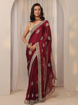Libas - Maroon Floral Embroidered Border Saree with Unstitched Blouse