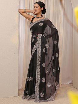 Libas - Black Floral Embroidered Border Saree with Unstitched Blouse