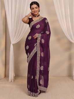 Libas - Purple Floral Embroidered Border Saree with Unstitched Blouse