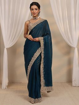 Libas - Teal Embroidered Beads Embellished Border Saree with Unstitched Blouse