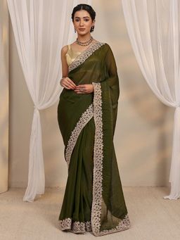 Libas - Olive Embroidered Beads Embellished Border Saree with Unstitched Blouse