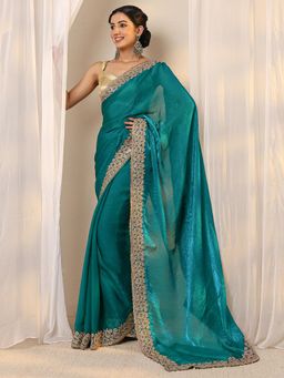 Libas - Blue Embroidered Beads Embellished Border Saree with Unstitched Blouse