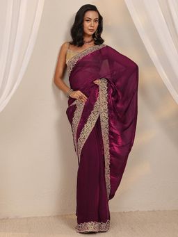 Libas - Burgundy Embroidered Beads Embellished Border Saree with Unstitched Blouse