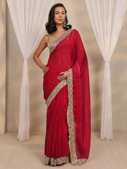 Libas - Red Embroidered Beads Embellished Border Saree with Unstitched Blouse