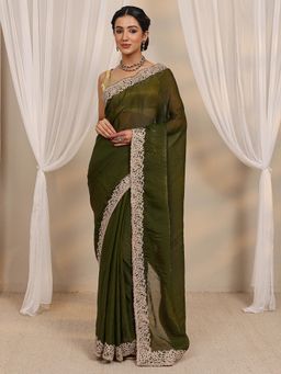 Libas - Olive Embroidered Beads Embellished Border Saree with Unstitched Blouse
