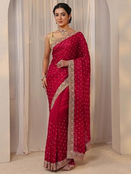 Libas - Red Beads Embellished Border Saree with Unstitched Blouse