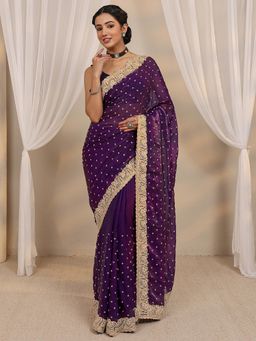 Libas - Purple Beads Embellished Border Saree with Unstitched Blouse