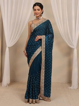 Libas - Teal Beads Embellished Border Saree with Unstitched Blouse