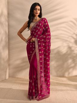 Libas - Pink Floral Beads Embroidered Border Saree with Unstitched Blouse