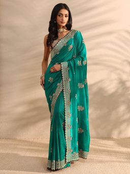 Libas - Green Floral Embroidered Border Saree with Unstitched Blouse
