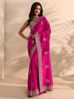Libas - Pink Floral Embroidered Border Saree with Unstitched Blouse