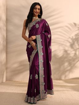 Libas - Burgundy Floral Embroidered Border Saree with Unstitched Blouse